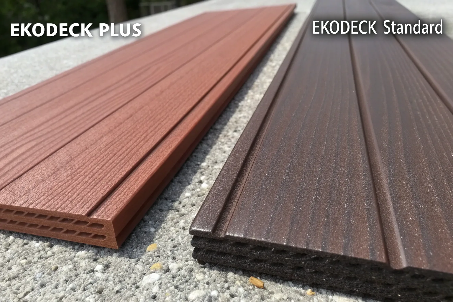 Two Ekodeck composite decking boards positioned side by side for comparison
