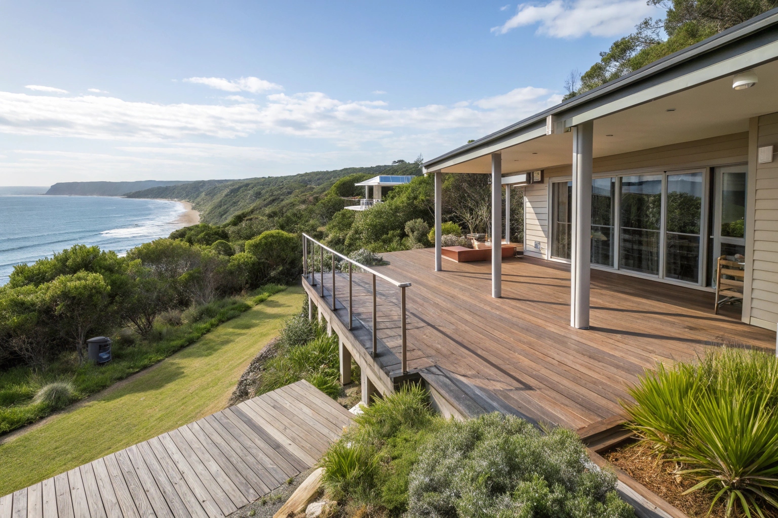 Wraparound deck extension seamlessly integrated with existing Central Coast home