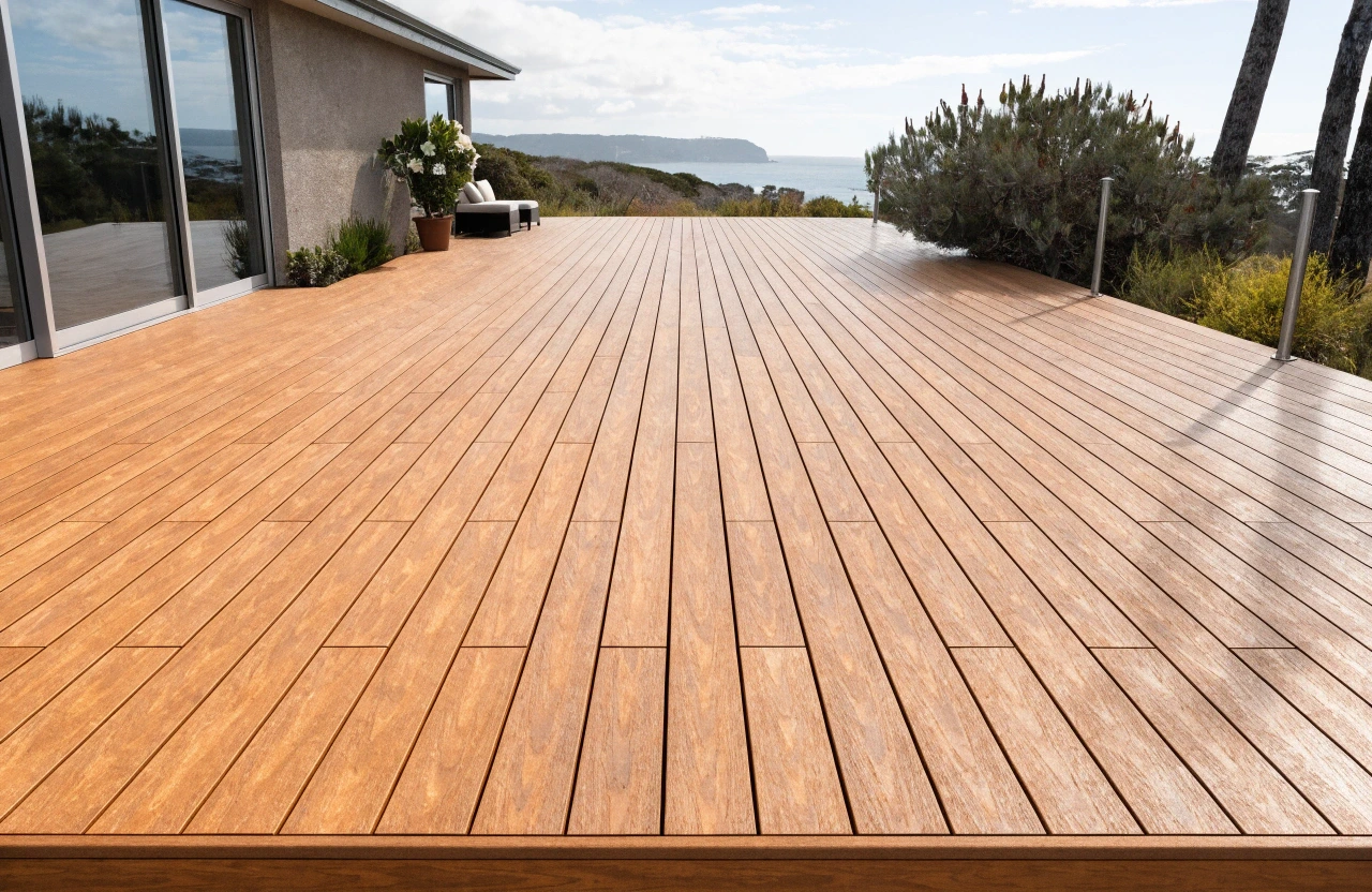composite timber-look deck overlooking the Central Coast coastline, built to resist coastal salt air