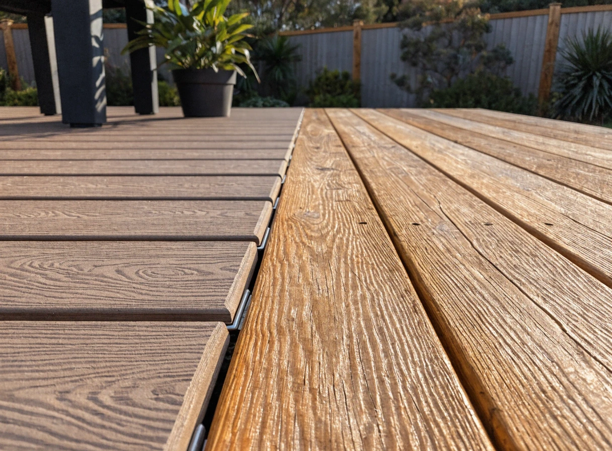 close-up comparing capped composite decking boards with concealed clips beside natural timber decking